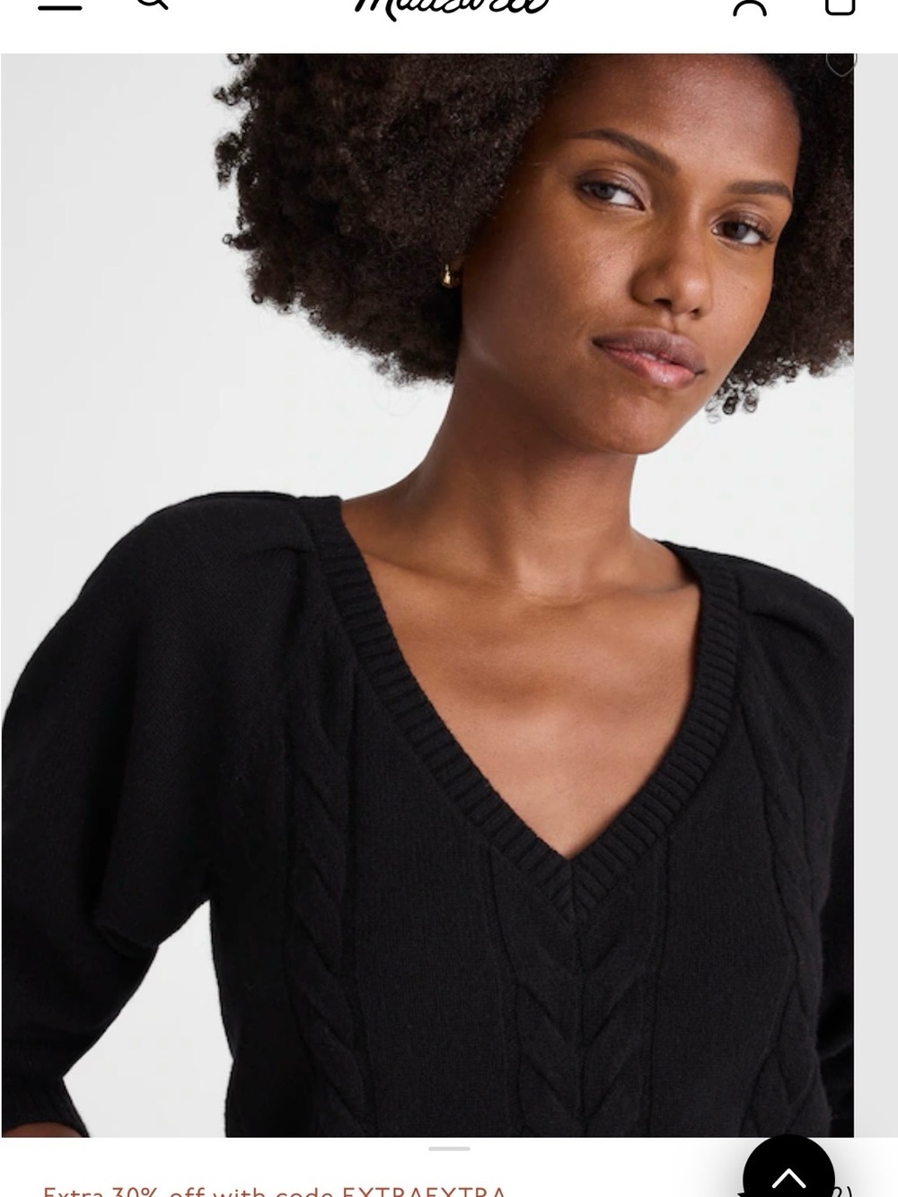 Madewell Black V‑Neck Cable Knit Sweater